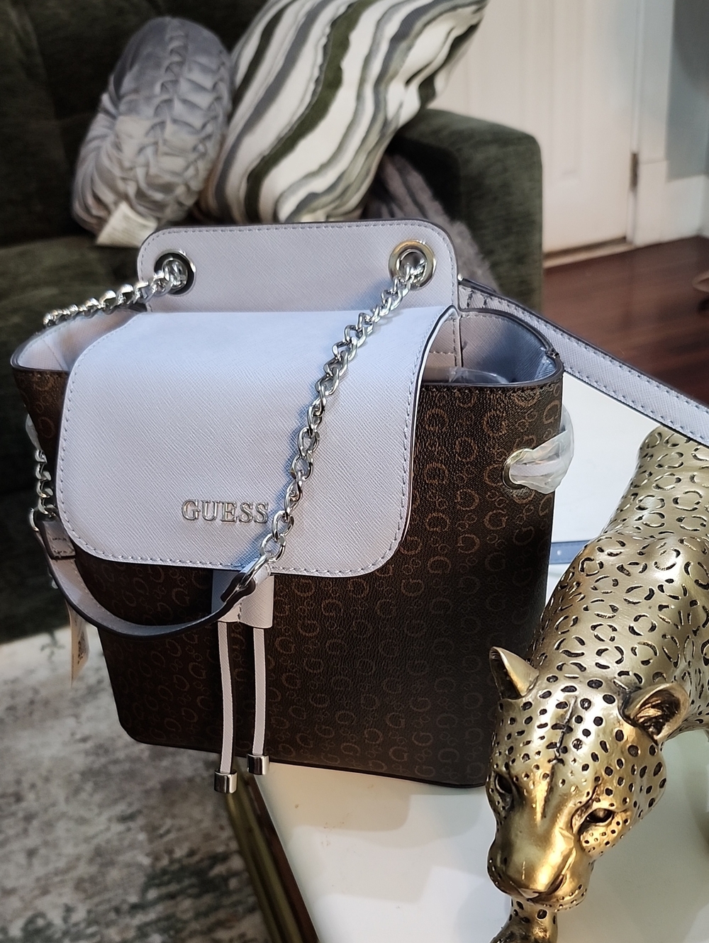 GUESS New Brown Monogram & Blue Flap Chain Shoulder Bag/Backpack Drawstring Bag